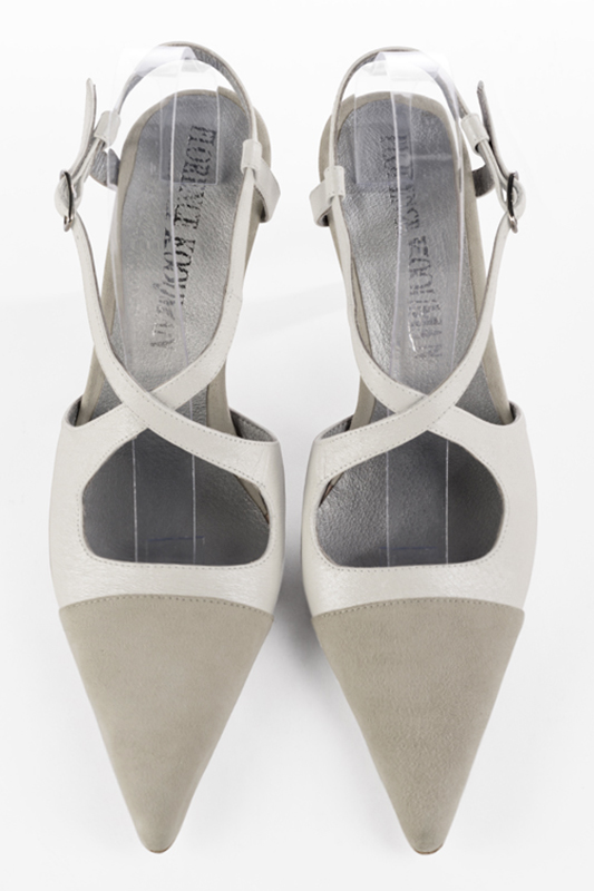 Off white women's open back shoes, with crossed straps. Pointed toe. High slim heel. Top view - Florence KOOIJMAN